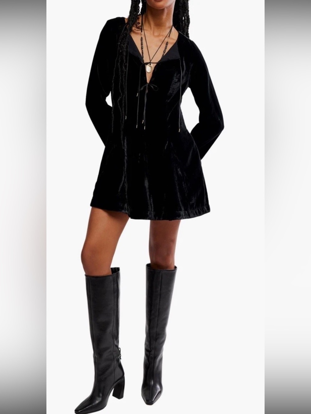 Free People Black Solid V-Neck Velvet Lace-Up Long Sleeve Mini Dress 4 NWT